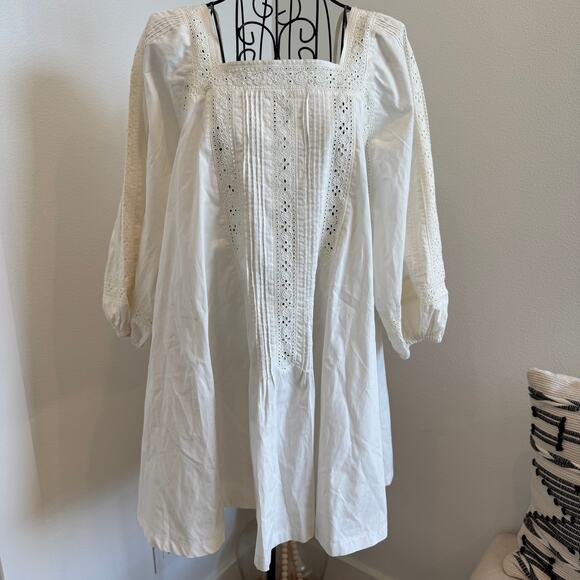 Free People Cream Cotton Open Back Balloon Sleeve Tunic Mini Dress Small- Boho - Picture 1 of 10